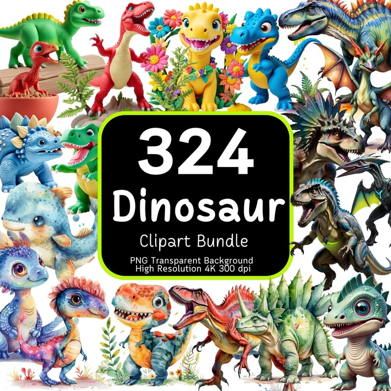 May include: A digital clipart bundle of 324 colorful dinosaur illustrations. The dinosaurs are in various poses and expressions, with some featuring flowers and plants. The text "324 Dinosaur Clipart Bundle" is displayed in a black box with white text. The text "PNG Transparent Background High Resolution 4K 300 dpi" is displayed below the title.