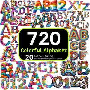 Méga lot de 720 alphabets colorés, lettres colorées, jolies lettres, PNG coloré, paquet de numéros de l'alphabet, sublimation de l'alphabet, ensemble de cliparts