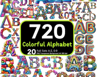 720 Colorful Alphabet Mega Bundle, Colorful Letters, Cute Letters, Colorful PNG, Alphabet Number Pack, Alphabet Sublimation, Clipart Bundle