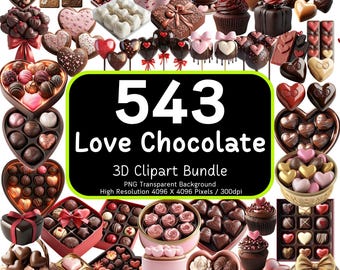 543 Chocolate Clipart Bundle, 3D Valentine Sweets PNGs, Sweet Dessert Sublimation, Love Design, Commercial Use