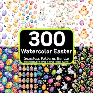 300 Aquarell Oster Muster Bündel, Aquarell Ostereier, Frühling Digitale Papiere, Häschen Blumen Nahtlos, Kommerzielle Nutzung, 300dpi