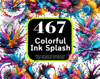 467 cliparts colorés avec éclaboussures d'encre, éclaboussures de couleur, éclaboussures de peinture, éclaboussures d'encre, graphiques colorés, lot de cliparts, 4K haute résolution, usage commercial