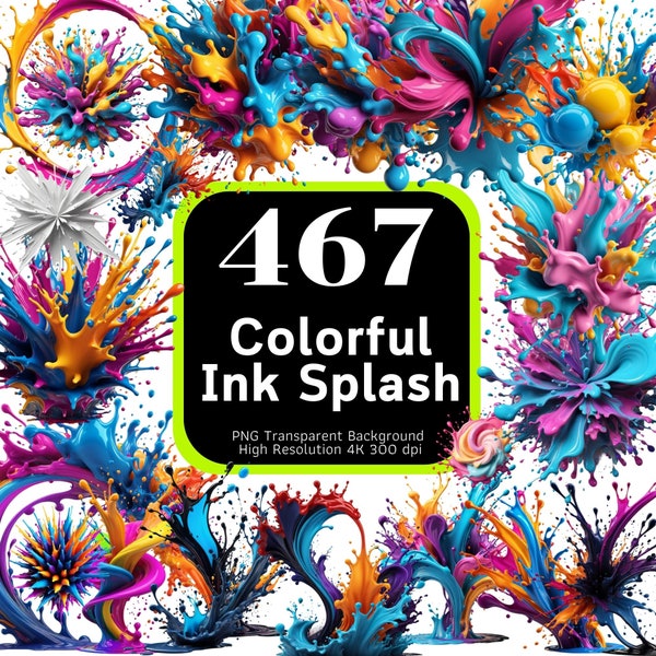 467 cliparts colorés avec éclaboussures d'encre, éclaboussures de couleur, éclaboussures de peinture, éclaboussures d'encre, graphiques colorés, lot de cliparts, 4K haute résolution, usage commercial