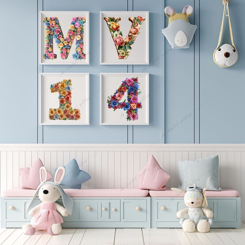 May include: Four framed prints with floral letters and numbers. The letters are M, V, and the numbers are 1 and 4. The prints are on a light blue wall with a white wainscoting.