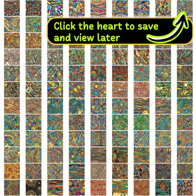 May include: A collection of 64 colorful digital paper patterns featuring geometric shapes, abstract designs, and African-inspired motifs. The patterns are in shades of blue, green, yellow, orange, and brown.