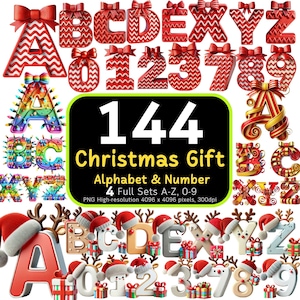 144 Weihnachtsgeschenk Alphabet & Zahlen Bundle, Weihnachtsalphabet Buchstaben PNG, Weihnachtssublimationsentwürfe, Alphabet Bundle, kommerzielle Nutzung