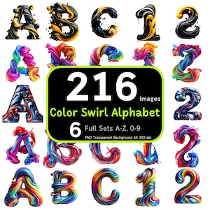 Lot de 216 couleurs tourbillonnantes, alphabet coloré PNG, éclaboussures de couleur, sublimation de l'alphabet, chiffres de l'alphabet, ensemble de l'alphabet, 4K haute résolution