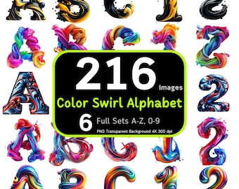 216 Color Swirl Alphabet Bundle, Colorful Alphabet PNG, Color Splash, Alphabet Sublimation, Alphabet Numbers, Alphabet Bundle, 4K High-Res
