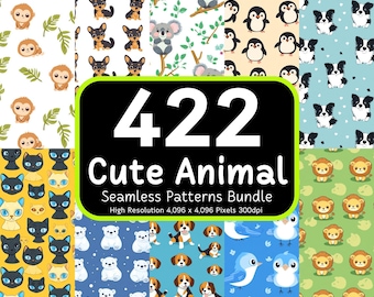 422 Cute Animal Seamless Patterns Bundle, Cartoon Backgrounds for Kids, Baby Animal Patterns, Cute Seamless Papers, Commercial Use, 300dpi