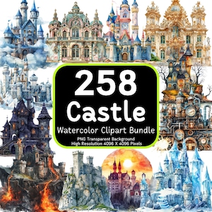 Paquete de imágenes prediseñadas de 258 castillos, Castillo de acuarela PNG, Archivos PNG transparentes, Paquete de imágenes prediseñadas, PNG de alta resolución, Uso comercial