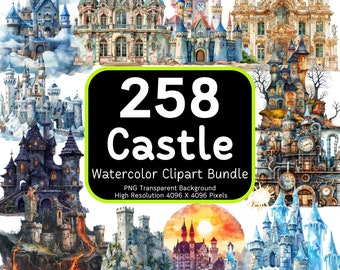 258 Castle Clipart Bundle, Watercolor Castle PNG, Transparent PNG Files, Clipart Bundle, High Resolution PNG, Commercial Use