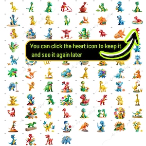 May include: A collection of 64 colorful dinosaur illustrations. Each dinosaur is depicted in a different pose and setting, with some holding flowers, others wearing hats, and some even riding on a surfboard. The dinosaurs are all cartoon-like and have friendly expressions.