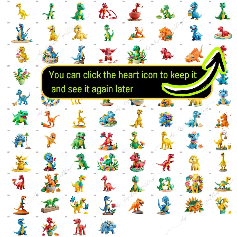 May include: A collection of 64 colorful dinosaur illustrations. Each dinosaur is depicted in a different pose and setting, with some holding flowers, others wearing hats, and some even riding on a surfboard. The dinosaurs are all cartoon-like and have friendly expressions.