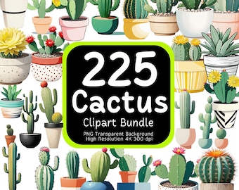 225 Cactus Clipart Bundle, Cactus PNG, Floral Clipart, Cacti Clipart, 4K High-Resolution, Commercial Use
