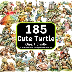 185 süße Schildkröte Clipart Bundle, Aquarell Tiere Clipart, Kinder PNG-Designs, transparenter Hintergrund PNG, digitaler Download, kommerzielle Nutzung