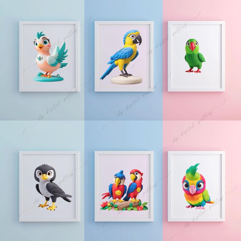 May include: Six framed illustrations of colorful cartoon birds. The illustrations feature a blue and yellow parrot, a green parrot, a blue and white bird, a black and white bird, two red and blue parrots, and a rainbow parrot.
