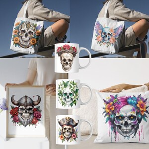 May include: Set of five white ceramic mugs with colorful skull designs. The mugs feature floral accents, a viking skull, a skull with a crown of thorns, and a skull with a floral headband. The mugs are displayed on a white surface.