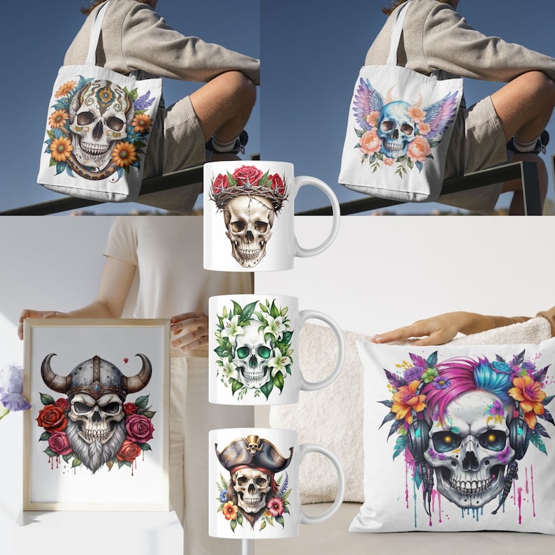 May include: Set of five white ceramic mugs with colorful skull designs. The mugs feature floral accents, a viking skull, a skull with a crown of thorns, and a skull with a floral headband. The mugs are displayed on a white surface.