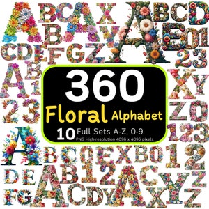 360 Blumenalphabet-Bundle, Blumenbuchstaben, Blumenbuchstaben PNG, Alphabet PNG, Alphabet-Bundle, Clipart-Bundle, 4K High-Res, kommerzielle Nutzung