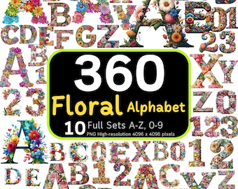 360 Floral Alphabet Bundle, Floral Letters, Flower Letters PNG, Alphabet PNG, Alphabet Bundle, Clipart Bundle, 4K High-Res, Commercial Use