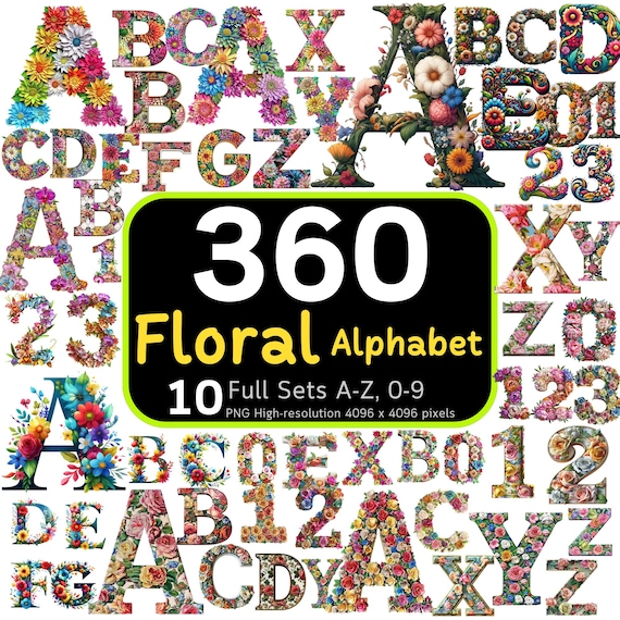 360 Floral Alphabet Bundle, Floral Letters, Flower Letters PNG, Alphabet PNG, Alphabet Bundle, Clipart Bundle, 4K High-Res, Commercial Use
