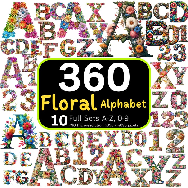 May include: 360 Floral Alphabet: 10 full sets of letters and numbers A-Z, 0-9. Each letter and number is made of colorful flowers and is high-resolution, 4096 x 4096 pixels.