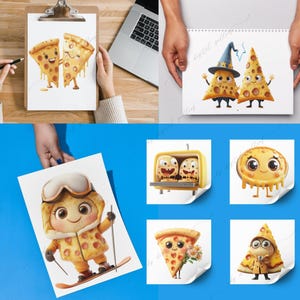 Op de afbeelding: Een set van zes illustraties met pizzapunten met verschillende uitdrukkingen en accessoires. De illustraties zijn in cartoon-stijl en bevatten een verscheidenheid aan kleuren, waaronder geel, rood, blauw en groen.