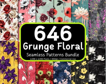 646 Grunge Floral Seamless Patterns Bundle, Vintage Botanical Designs, Distressed Textures, Digital Paper Pack, Commercial Use, 300DPI