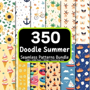 Könnte beinhalten: Eine Sammlung farbenfroher, nahtloser Muster zum Thema Sommer. Die Muster umfassen Sonnenblumen, Anker, Fahrräder, Ananas, Windmühlen, Schmetterlinge, Eiswaffeln, Zitronen, Emojis, Lagerfeuer, Segelboote und Marshmallows. Der Text "350 Doodle Summer Seamless Patterns Bundle" ist enthalten.