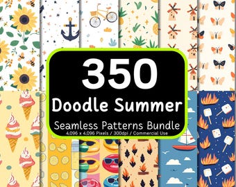 350 Doodle Summer Seamless Patterns Bundle, Cute Summer Patterns, Summer Digital Paper, Printable Backgrounds, 300dpi, Commercial Use