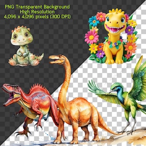 May include: A digital illustration of four dinosaurs. A green dinosaur with a floral pattern sits on the left. A red and orange dinosaur with sharp teeth stands in the center. A long-necked orange dinosaur stands behind the red dinosaur. A yellow dinosaur with a floral wreath around its neck sits on the right.