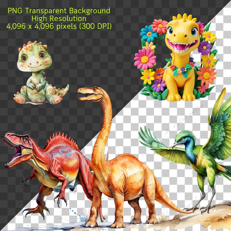 May include: A digital illustration of four dinosaurs. A green dinosaur with a floral pattern sits on the left. A red and orange dinosaur with sharp teeth stands in the center. A long-necked orange dinosaur stands behind the red dinosaur. A yellow dinosaur with a floral wreath around its neck sits on the right.