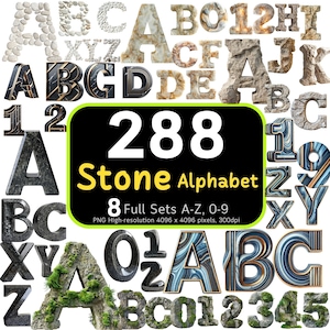 288 石のアルファベットと数字のバンドル、石の文字、大理石の文字、装飾文字、アルファベットのバンドル、PNG バンドル、300dpi、商用利用