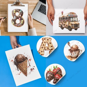 K&ouml;nnte beinhalten: Ein Set mit Aquarell-Illustrationen, die verschiedene Schokoladen-Leckereien zeigen. Die Illustrationen beinhalten eine Schokoladeneiswaffel, eine Schokoladen-Erdbeere, ein Schokoladeneis-Sundae, einen Schokoladenbuchstaben A und eine Schokoladenzahl 8.