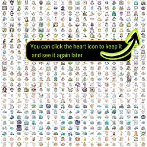 K&ouml;nnte beinhalten: Ein Raster mit 250 bunten Cartoon-Bildern mit verschiedenen Tieren, Fahrzeugen und anderen Objekten. Der Text "You can click the heart icon to keep it and see it again later" wird in der Mitte des Bildes angezeigt.