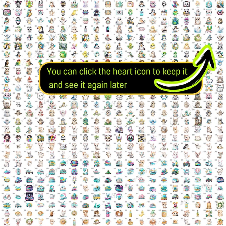 K&ouml;nnte beinhalten: Ein Raster mit 250 bunten Cartoon-Bildern mit verschiedenen Tieren, Fahrzeugen und anderen Objekten. Der Text "You can click the heart icon to keep it and see it again later" wird in der Mitte des Bildes angezeigt.