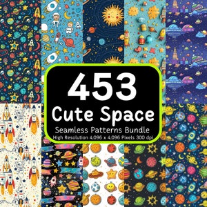 453 niedliche Weltraum-Muster-Bundle, Kawaii-Weltraum-nahtlos, niedliches digitales Papier, Weltraum-Babyparty, nahtloses Bündel, 4K, kommerzielle Nutzung