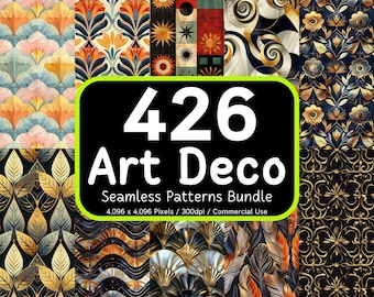 May include: A collection of 426 Art Deco seamless patterns in a bundle. The patterns are in various colors, including gold, black, white, and blue. The patterns are 4,096 x 4,096 pixels and 300 dpi. They are for commercial use.