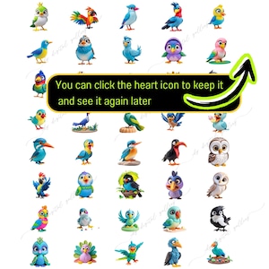 May include: A collection of 48 colorful cartoon bird illustrations. The birds are depicted in various poses and expressions, with a variety of colors and patterns.