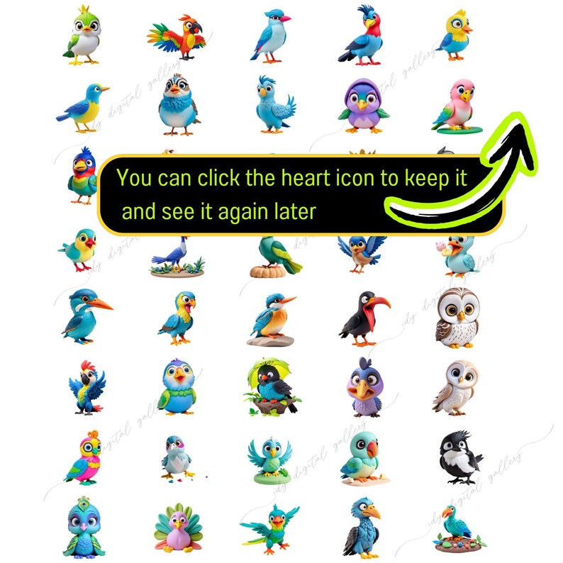 May include: A collection of 48 colorful cartoon bird illustrations. The birds are depicted in various poses and expressions, with a variety of colors and patterns.