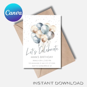 Blue and Gray Balloons Birthday Party Invitation, Balloon Invitation, Blue Invitation, Balloons, Canva Template Editable, Childrens Birthday