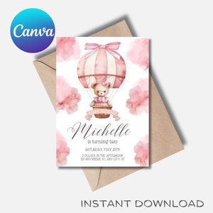 Pink Bear Hot Air Balloon Birthday Party, Editable Hot Air Balloon Invitation, Bear Girl Birthday, Canva Template, Pink, Clouds, Bear