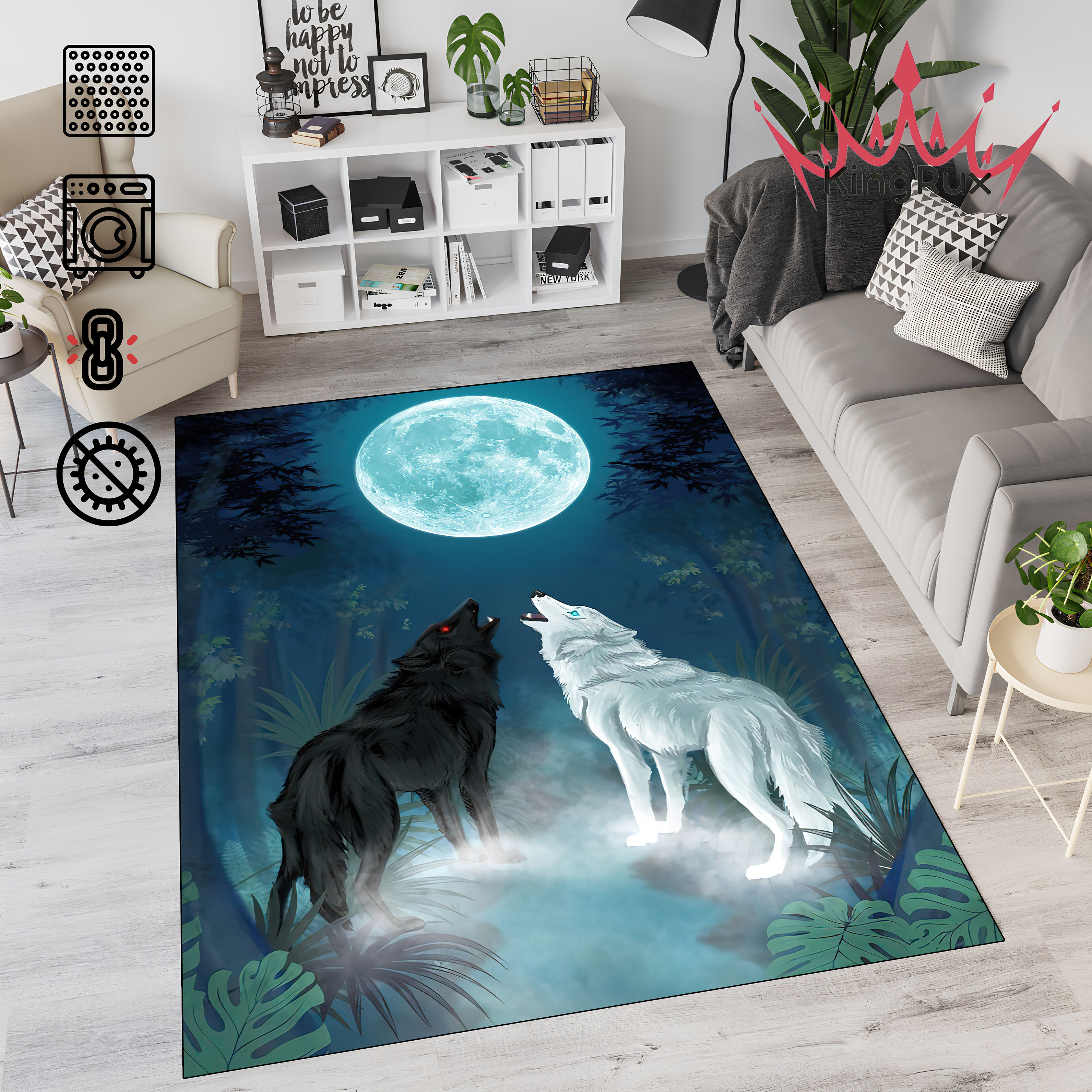 Wolf Rug, Wolf Pattern Rug, Full Moon Themed Rug, Howling Wolf Themed ...