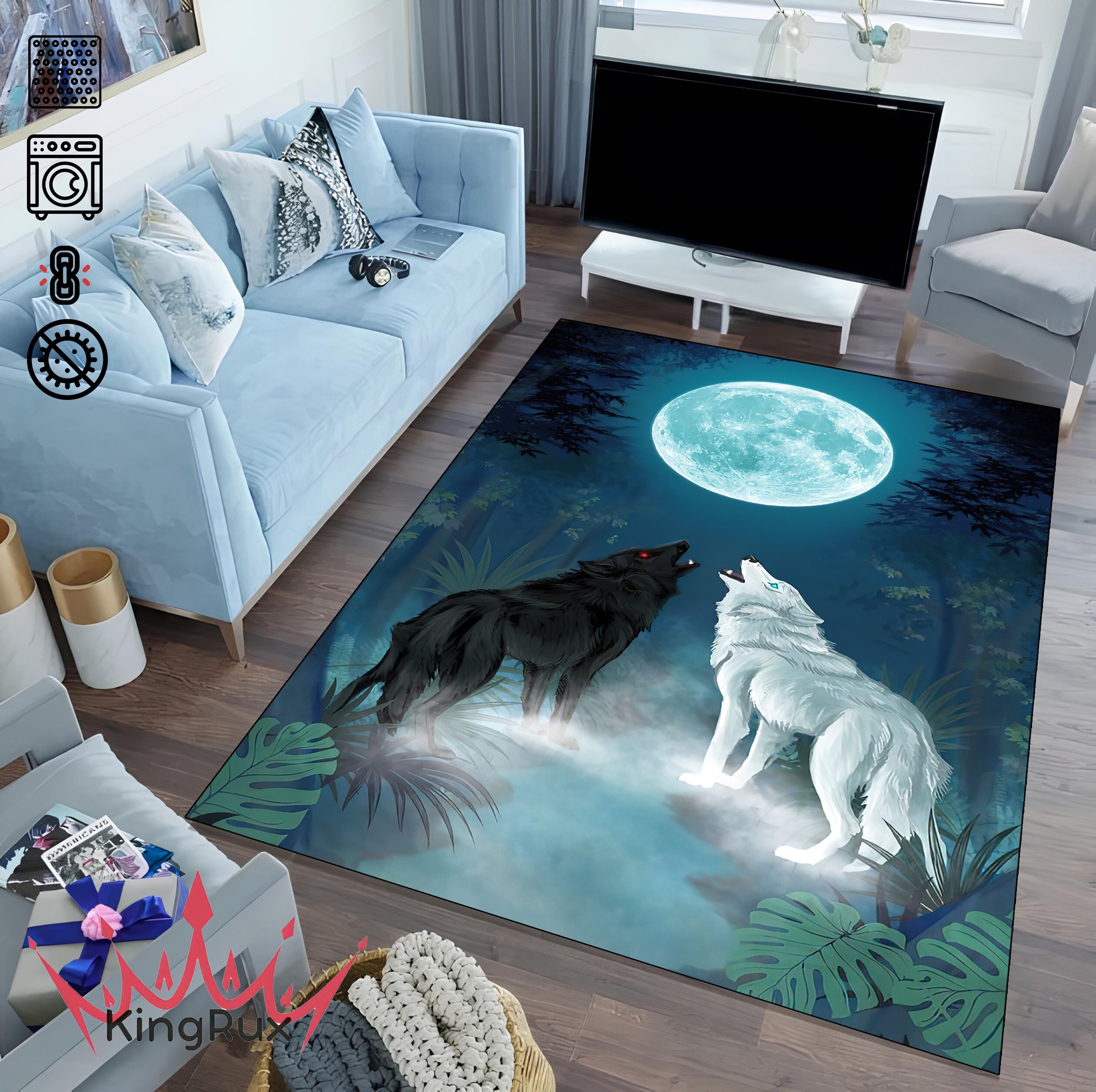 Wolf Rug, Wolf Pattern Rug, Full Moon Themed Rug, Howling Wolf Themed ...