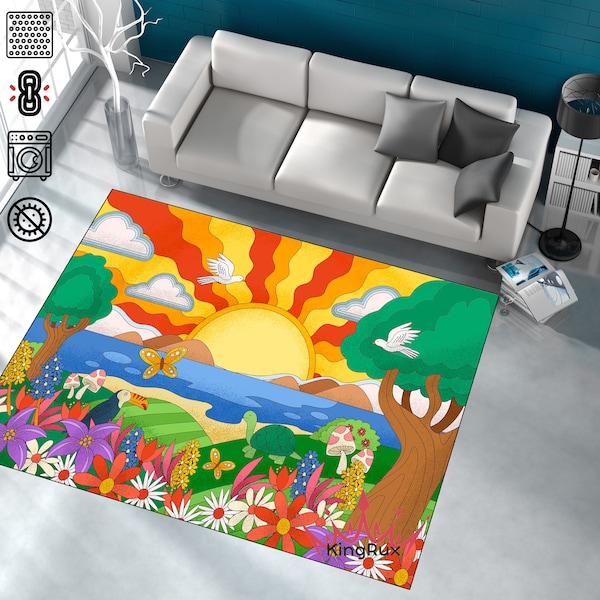Psychedelic Mushrooms and Flowers Rug, Psychedelic Rug, Psychedelic Animal Rug, Sea Scenic Rug,Colorful Psychedelic Sea and Sunset Landscape