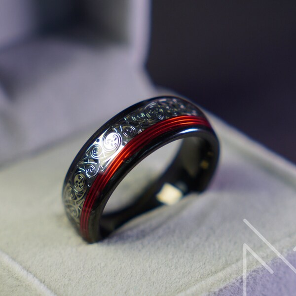 Black Tungsten Ring with Red Accent and Inlaid Swirl Engraving, Elegant Statement Band for Men, Unique Gift for Him, Cool Mens Ring