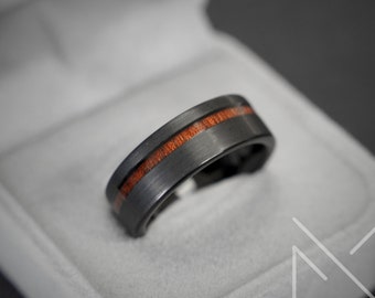 Black Tungsten Ring with Whiskey Barrel Wood Inlay, Men's Barrel Wood Wedding Band, Handcrafted Rustic Wedding Ring, Custom Men's Jewelry