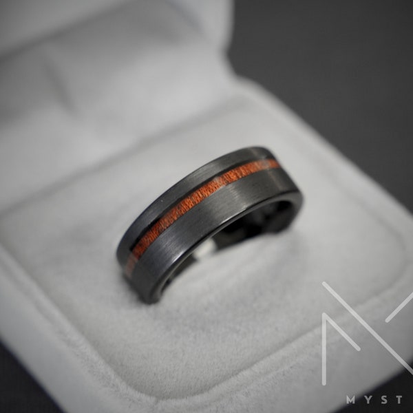 Black Tungsten Ring with Whiskey Barrel Wood Inlay, Men's Barrel Wood Wedding Band, Handcrafted Rustic Wedding Ring, Custom Men's Jewelry