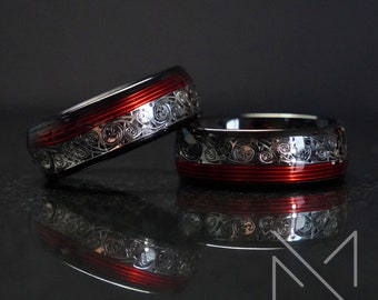 Black Tungsten Ring with Red Accent and Inlaid Swirl Engraving, Elegant Statement Band for Men, Unique Gift for Him, Cool Mens Ring