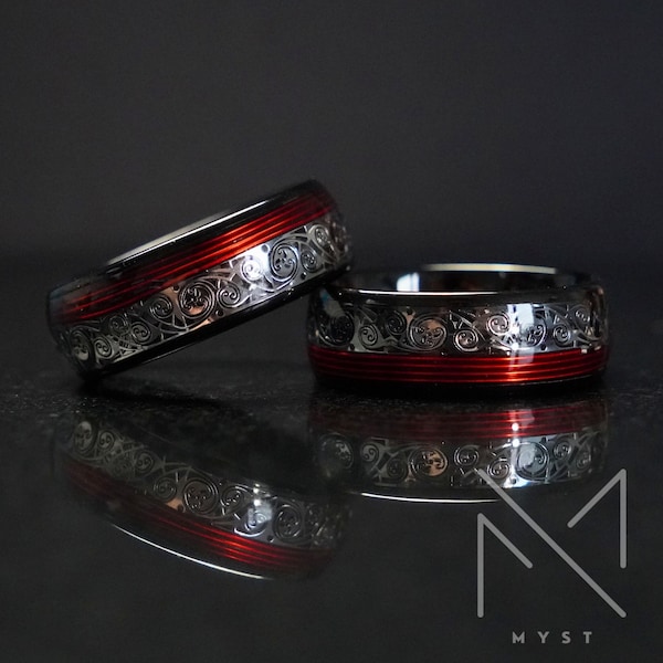 Black Tungsten Ring with Red Accent and Inlaid Swirl Engraving, Elegant Statement Band for Men, Unique Gift for Him, Cool Mens Ring